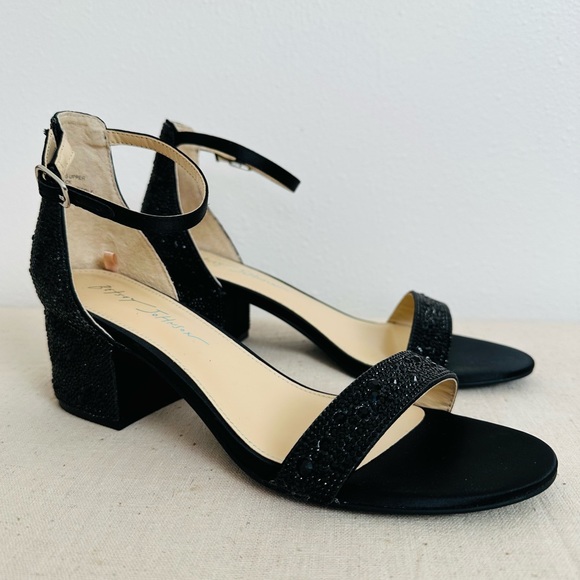 New Betsey Johnson Hanna Rhinestone Block Heel Ankle Strap Black Dress Sandals - Picture 4 of 8